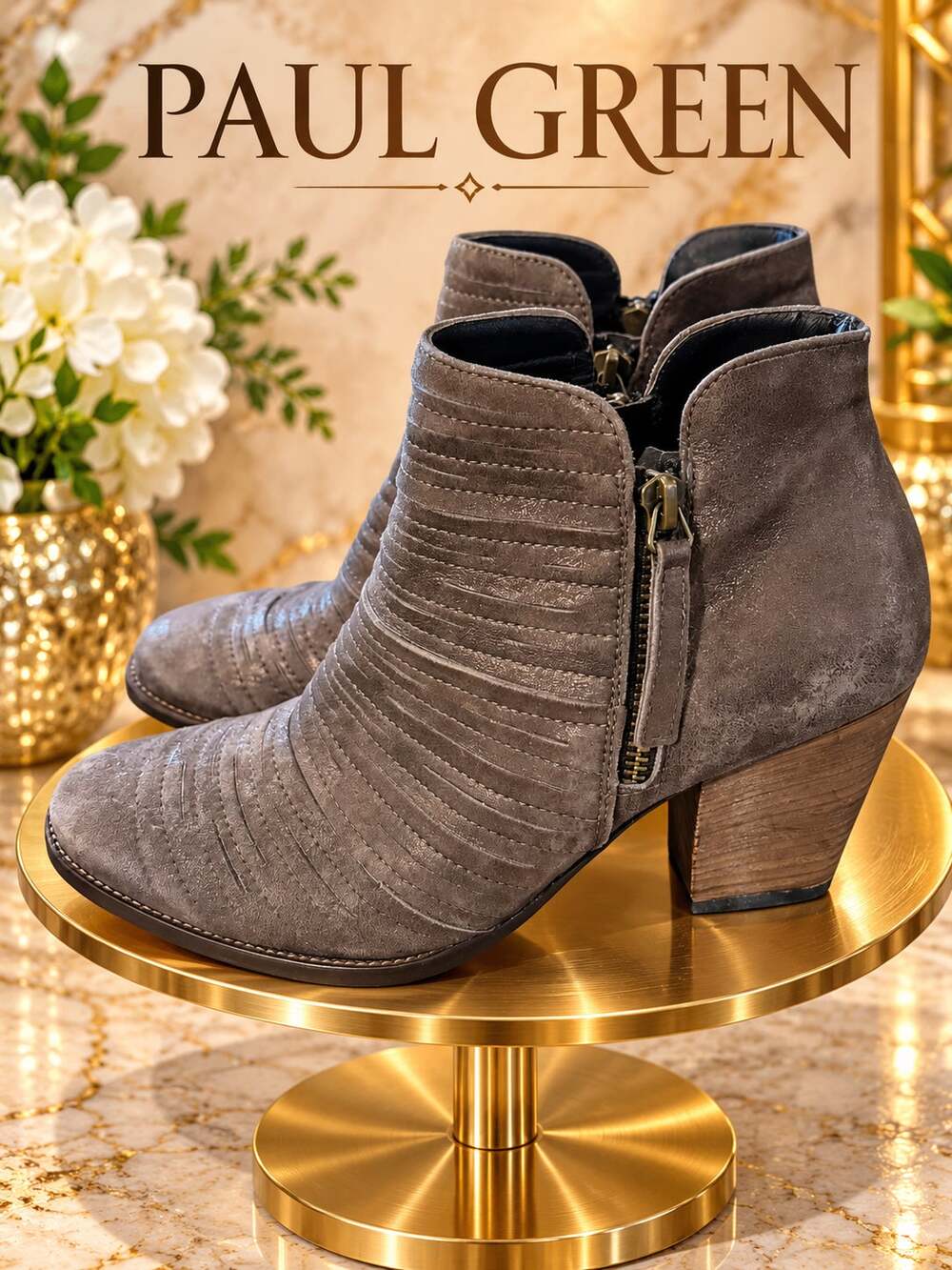 Paul Green Metallic Taupe Brown Leather Ruched Ankle Boots US 7 UK 4.5